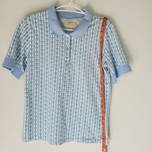 Maeve Anthropologie Butterfly Print Polo Top Size Medium light blue/white - Picture 4 of 7